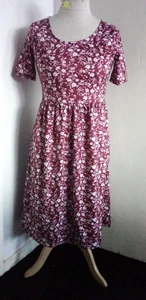 Handmade Burgundy and cream floral Gathered Waist dress Size 12 medium - Picture 1 of 1