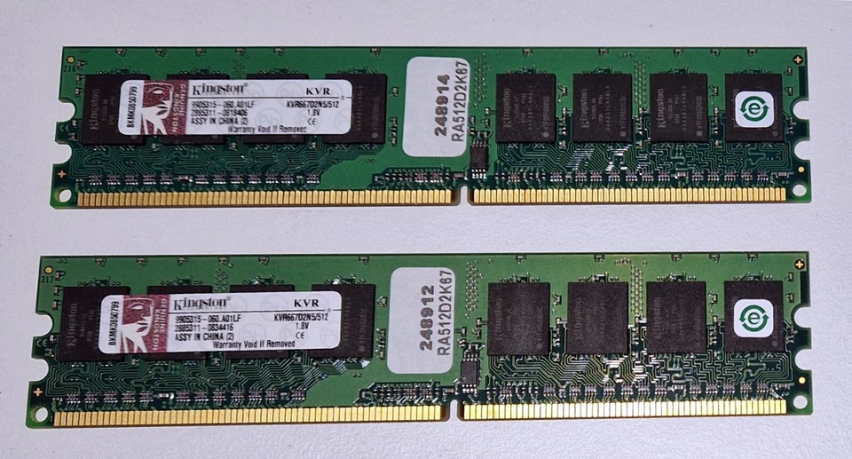 PAIR of Kingston 512MB = 1GB : KVR667D2N5/512 512MB PC2-5300 667MHz 240-PIN - Image 1 of 1