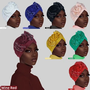 African Women Hijab Hat Turban Muslim Pleated Chemo Cap Flower Headscarf Bonnet - Foto 1 di 27