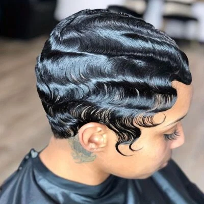 Short Finger Wave Wig Human Hair Wig L Part Lace Front Wig Short Ocean Wave Wig  - Image 1 of 4