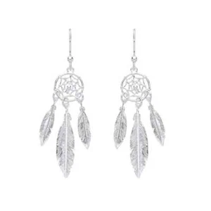 Dreamcatcher Drop Earrings. Feather Tassel, Silver Spider Web Bohemian Chic - Picture 1 of 3
