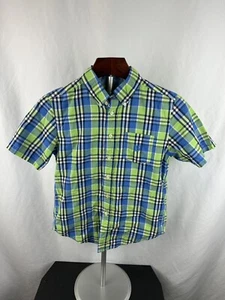 CHAPS Size M (10-12) Boy Short Sleeve Button Up Dress Plaid Shirt Green Blue - Picture 1 of 5
