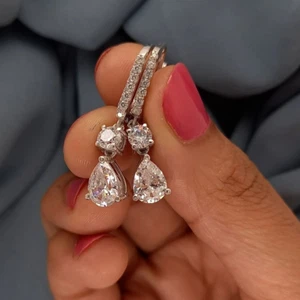 3.33Ctw Pear Cut Moissanite Drop/Dangle Leverback Earring 14K White Gold Plated - Picture 1 of 14