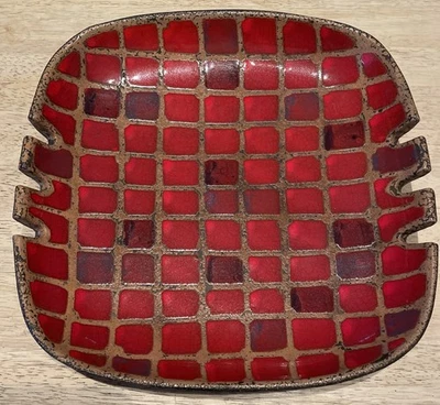 RARE ALVINO BAGNI RAYMOR Ashtray Mid Century Modern Red/Tan Cubist Pottery 60’s - Image 1 of 4
