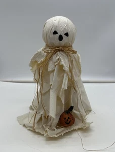Adorable Vintage Halloween Decor Fabric Mache Ghost With Tiny Pumpkin 10” - Picture 1 of 9