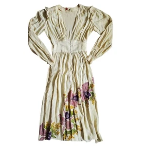 Vintage 1940's Floy Mercer Floral Printed Cream Empire Waist Hawaiin Dress - Med - Picture 1 of 11