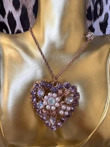 Betsey Johnson Hanging Hearts Boost Rose Gold Lavender Pearl Heart Long Necklace - Picture 1 of 6