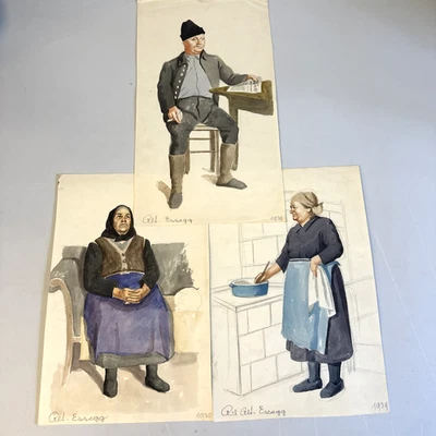 Juego de 3 bocetos originales en acuarela disfraz popular europeo vida cotidiana 1939 Foto 1 de 4