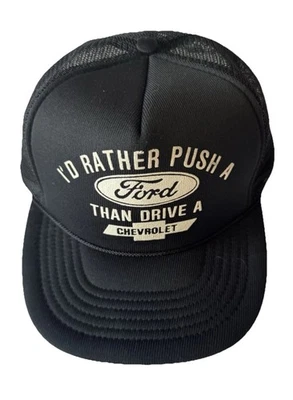 Vintage Ford Mocking Chevy Black Mesh Rope Trucker Hat. Classic! - Image 1 of 4