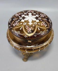 Antique Amber Painted Glass Footed Powder Box - Picture 1 of 16