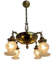 Quality 1910-20s Victorian 4 light brass pan fixture - Picture 1 of 22