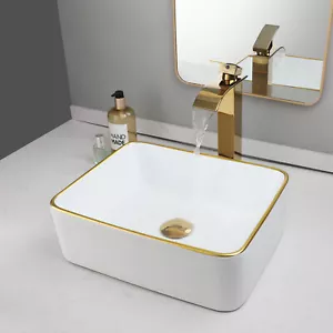Fregadero de lavabo de cerámica rectangular blanco para lavabo grifo dorado drenaje - Imagen 1 de 7