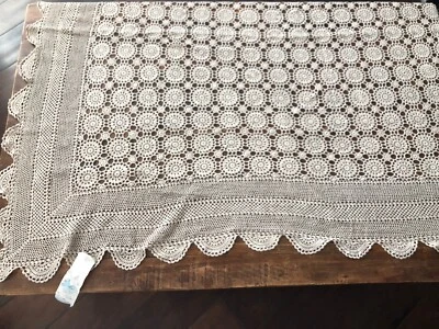 Vintage 100 % Cotton Beige Crochet Lace Tablecloth Rectangular 72"x108" - Image 1 of 4