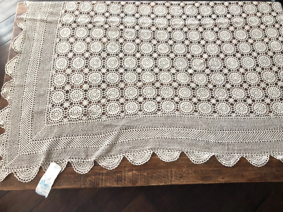 Vintage 100 % Cotton Beige Crochet Lace Tablecloth Rectangular 72"x108" - Image 1 of 4
