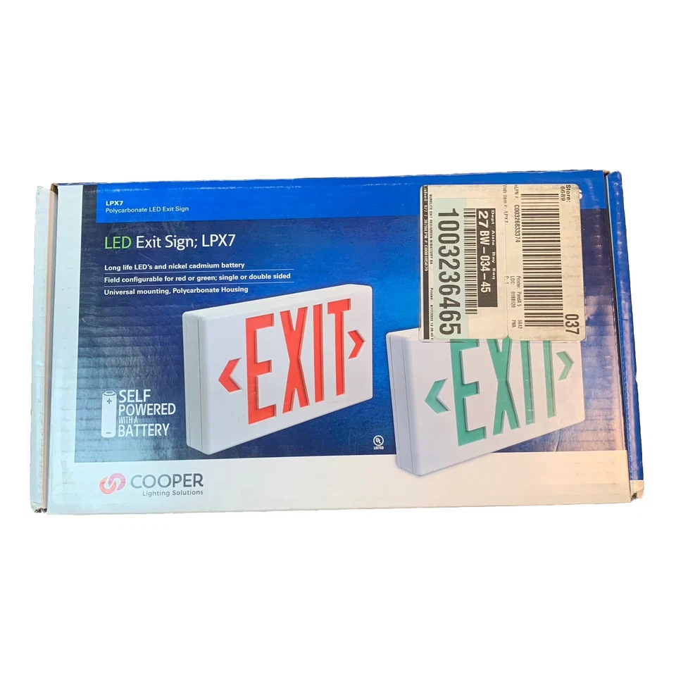 Eaton Cooper Sure Lites LPX7 LED Exit Sign Red or Green Self-Powered 1 or 2 Side - Image 1 of 4