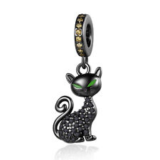 Authentic 925 Sterling Silver Black Cat Dangle Charm For Bracelets Necklace