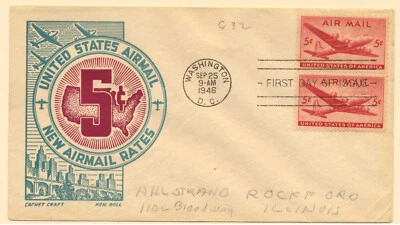 USA Sc. C32 New Air Mail Stamp 5c DC-4 Skymaster Aviation on 1946 FDC (3) - Image 1 of 2