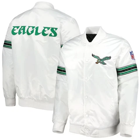 Philadelphia Eagles NFL White Satin Bomber Style Full Snap Varsity Jacket Cover