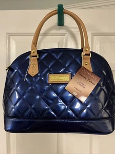 Joy and Iman Quilted Patent Leather Handbag Tote Satchel Blue Iridescent New - Picture 1 of 17