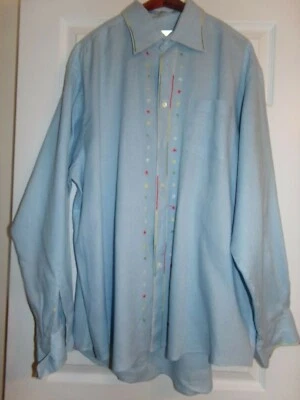 Martin Gordon Azul Pálido con Borde Multicolor 100% Lino Bolsillo Frontal Manga Larga Foto 1 de 3