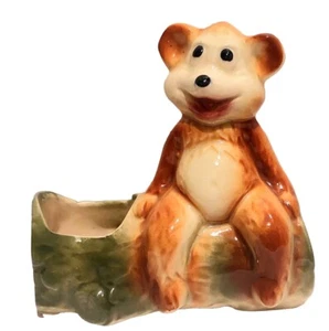Vintage Pottery Bear On Log Planter American Bisque Ceramic 50s MCM 6"×5.5" - Picture 1 of 8