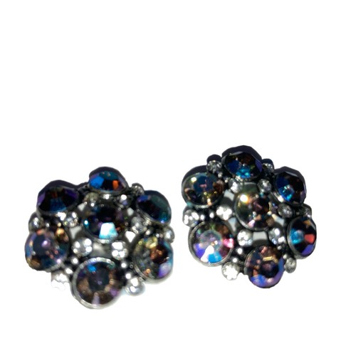 2 Antq Vtg Vibrant Blues Aurora Borealis Glass BUTTONs Lg 1.12" Clear Rhinestone