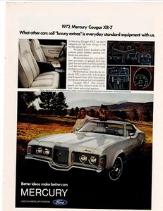 Anuncio impreso de automóvil Mercury Cougar XR7 1971 vintage ~ Los extras de lujo son estándar - Imagen 1 de 1
