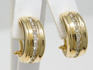 14 kt Yellow Gold Pair of Single Row Diamond Half Hoop Omega Back Earrings B6552 - Picture 1 of 8