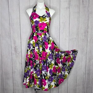 Vintage 90er Jahre Bold & Bright Garten Tee Party Blumen Neckholder Fit & Flare Kleid - Bild 1 von 7