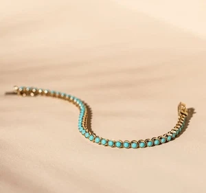 3 Ct Prong Tennis Lab Created Turquoise Bracelet 14K Yellow Gold Over Wedding - Picture 1 of 7