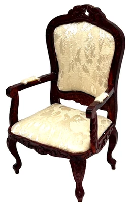 Silla tallada tapizada de madera vintage 1:12 sillón casa de muñecas miniatura Foto 1 de 4