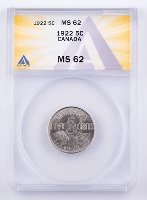 1922 Canada Five Cents ANACS MS62 Certified 5c  - Image 1 of 4