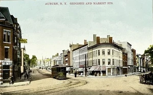 Auburn NY Genessee & Market Sts Trolley Early 1900s Postcard - Picture 1 of 5