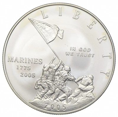 2005-P Unc US Marines Commemorative Silver Dollar $1 - Image 1 of 3
