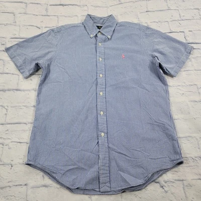 Camisa polo Ralph Lauren masculina M Seersucker azul branca botão rosa pônei preppy  - Imagem 1 de 4