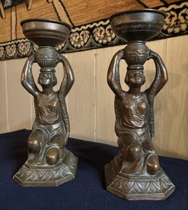 Pair Egyptian Art Deco Style Pair Heavy Cast Bronze Candle Holders *Were Lamps* - Picture 1 of 18