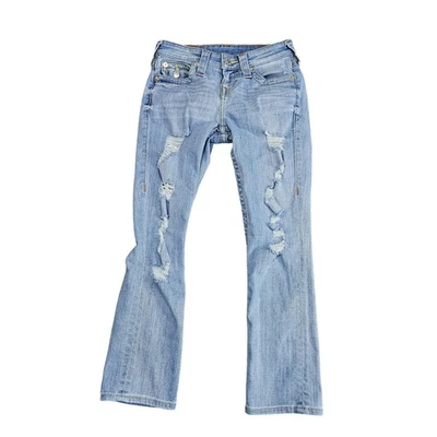 Pantalones de mezclilla True Religion para mujer 24 bolsillos con solapa envejecidos lavados ligeros Foto 1 de 4