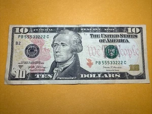 Rare $10 Dollar Bill Banknote Series 2017 A Fancy Serial Number Trinary 55533222 - Picture 1 of 3
