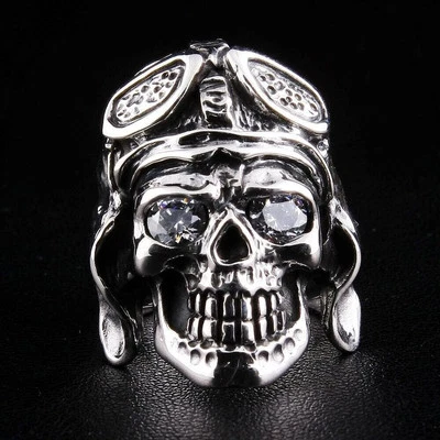Anello Biker Argento Sterling 925 Teschio Aviatore Seconda Guerra Mondiale... - Immagine 1 di 4