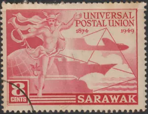 (SK136)SARAWAK 1949 75TH ANNIV OF UPU 8c USED. - Picture 1 of 2