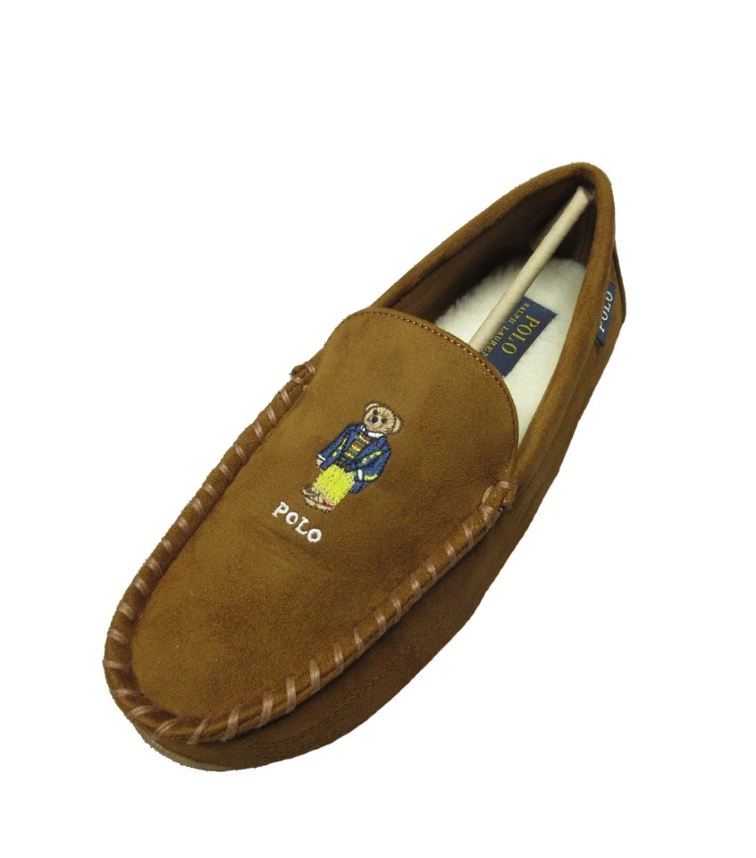 Polo Bear Slippers Mens 8 Brown Fleece Lined Sherpa Ralph Lauren Loafer