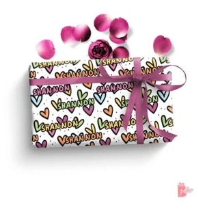 Name Personalized Birthday Gift Wrapping Paper Roll w/ Romantic Hearts Gift Wrap - Picture 1 of 18