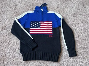 Polo Ralph Lauren boy's USA American flag 1/4 zip sweater red white blue black M - Picture 1 of 4