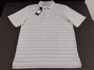NWT Men's Medium Adidas Pure Motion Golf Polo Shirt Grey/Wht Stripes #2427 - Picture 1 of 8