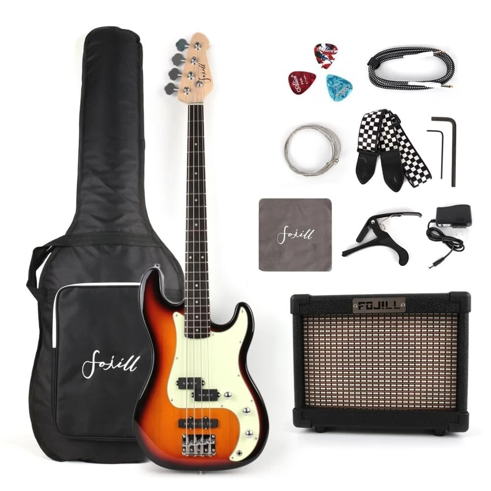 Sunburst electric pj bass set with amplifier gigbag strap string cable picks - Image 1 of 4