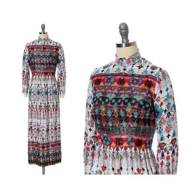 Maxi Vestido de Fiesta Vintage Años 70 Metálico Psicodélico Estampado Floral Borde Foto 1 de 4