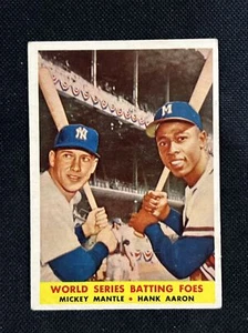 1957 Topps #418 Mickey Mantle Hank Aaron EXMT WS Batting Foes Yankees Braves *97 - Foto 1 di 6