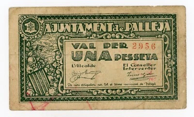 Spain España Civil War Palleja 1 Peseta ND 1937 T 1769 VF Original - Image 1 of 2