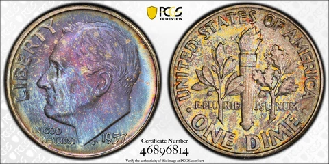 1957 MS 66 + Roosevelt Dime PCGS Certified Superb Gem Monster Toned Cover