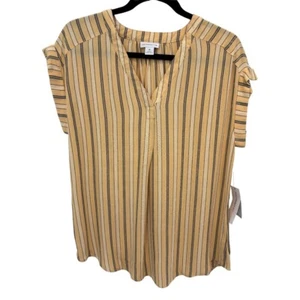 Liz Claiborne Yellow Gray Striped Cap Sleeve V-Neck Rayon Blouse Size Medium NWT - Picture 1 of 5